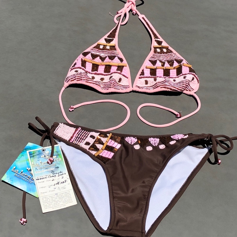 Brown and pink beaded bikini top and bottom